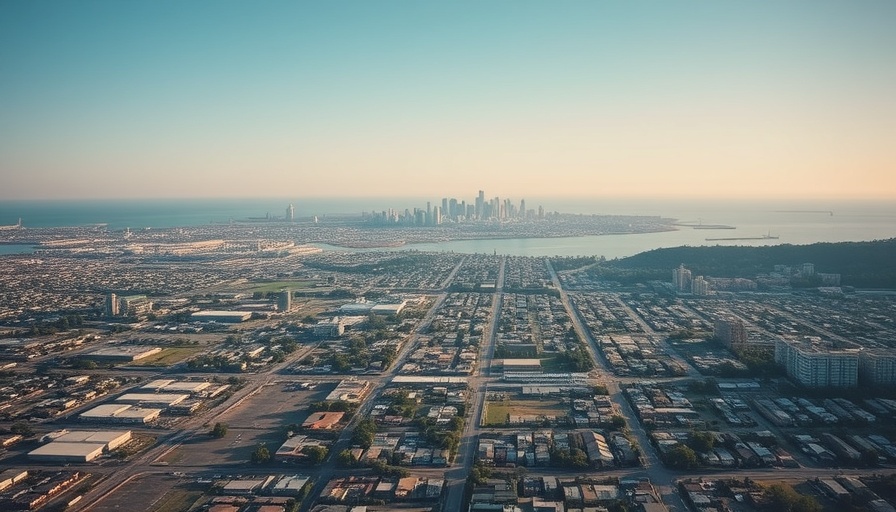 Aerial view of West Oakland housing market, cityscape and waterfront.