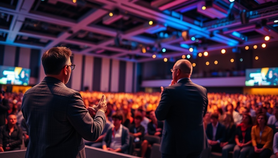Professional conference with full audience and speaker, vibrant event setting.