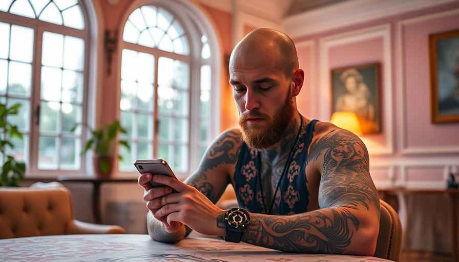 Tattooed man checking phone in cozy room, Miguel Lopez context.