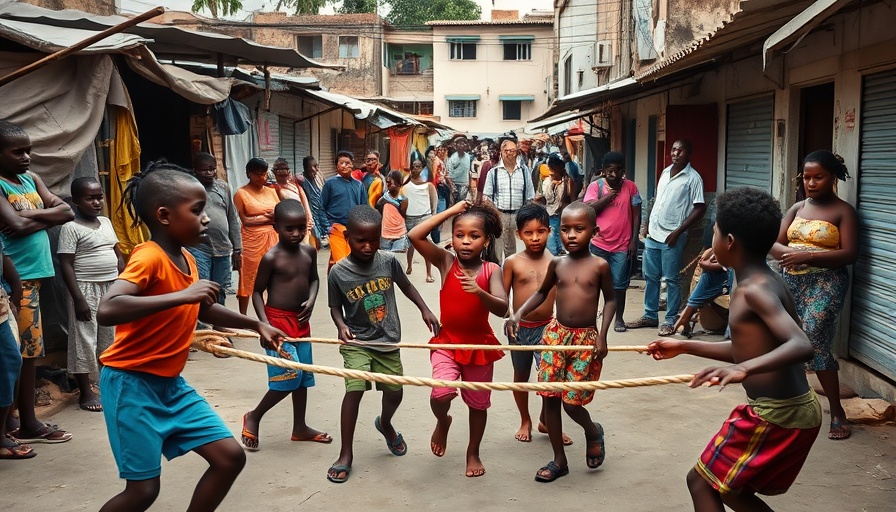 Haitian children playing jump rope in a crowded courtyard, capturing resilience amidst the Haiti children violence crisis.