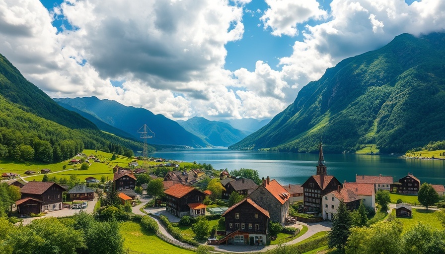 Scenic view of boutique hotels in lush green landscape by a lake.