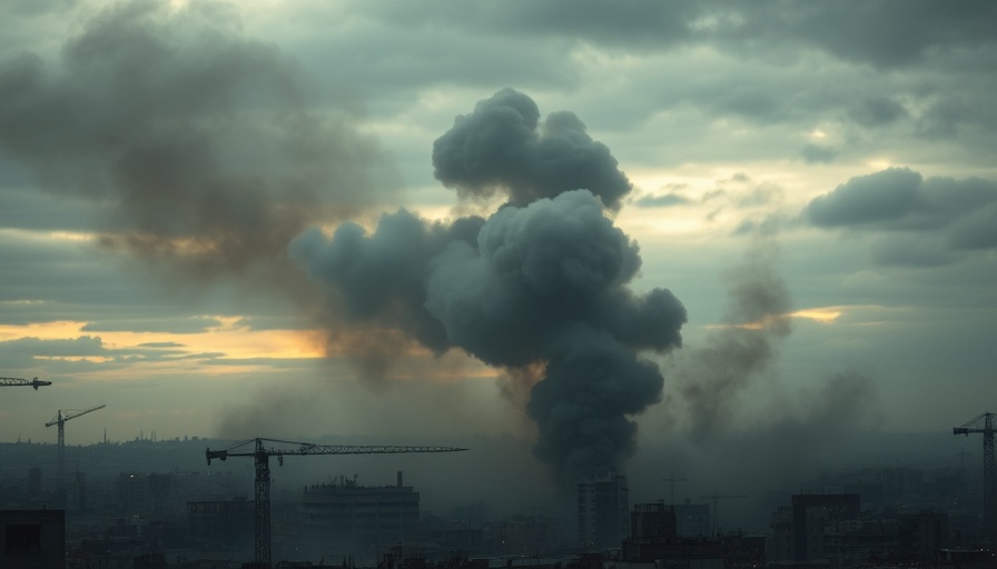 Beirut city under dense smoke, highlighting conflict aftermath.