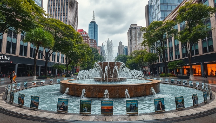 Display of photos at fountain in urban square with trees and buildings.