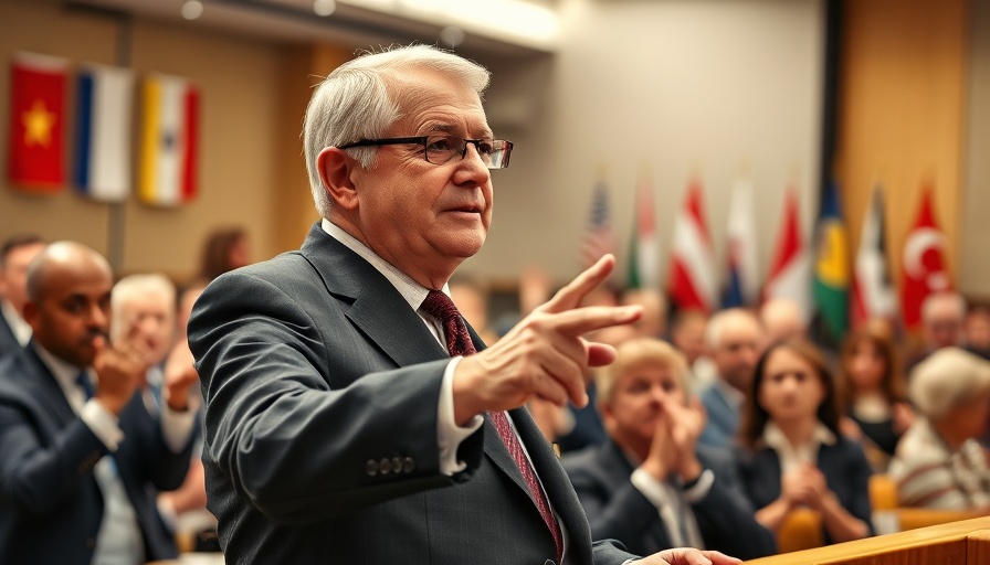 Politician speaks assertively at Gaza peace summit event with international flags.