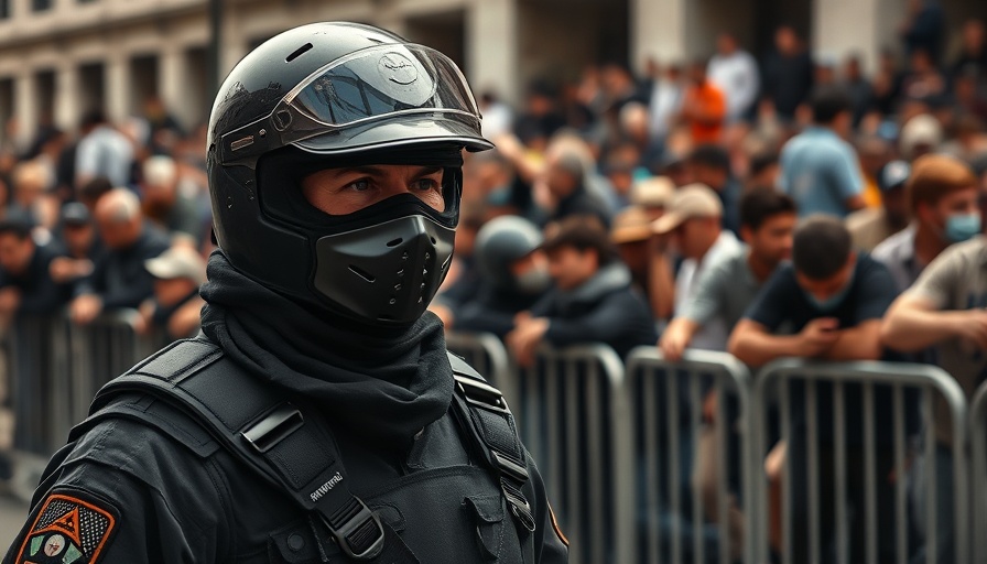 Masked guard patrols as crowd watches behind a barricade, related to Trump's Gaza peace plan.