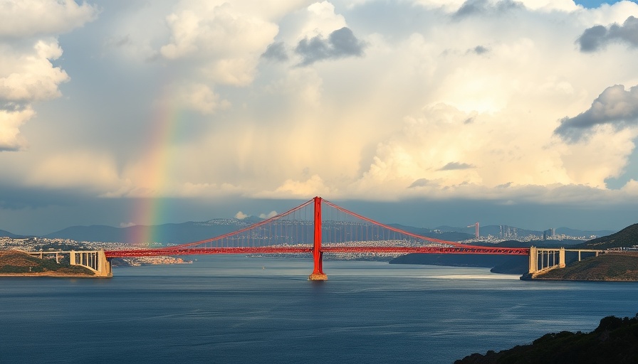 SF News: Bay Bridge with a vibrant rainbow in a cloudy sky.