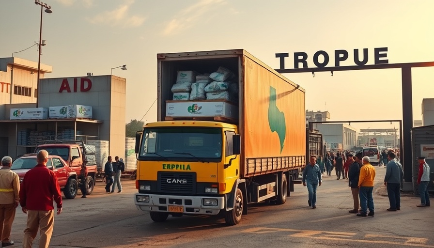Vibrant truck at border with aid workers as Israel reduces aid to Gaza.