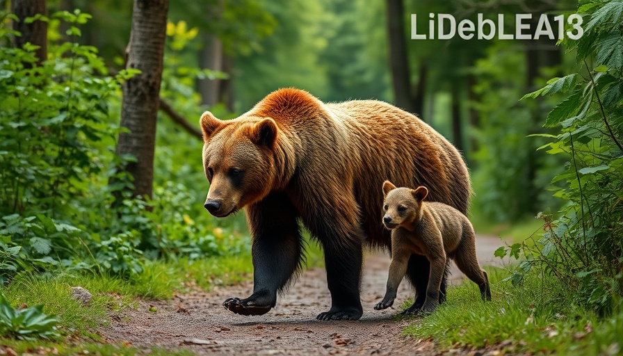 Brown bear and cub in Japanese forest setting.