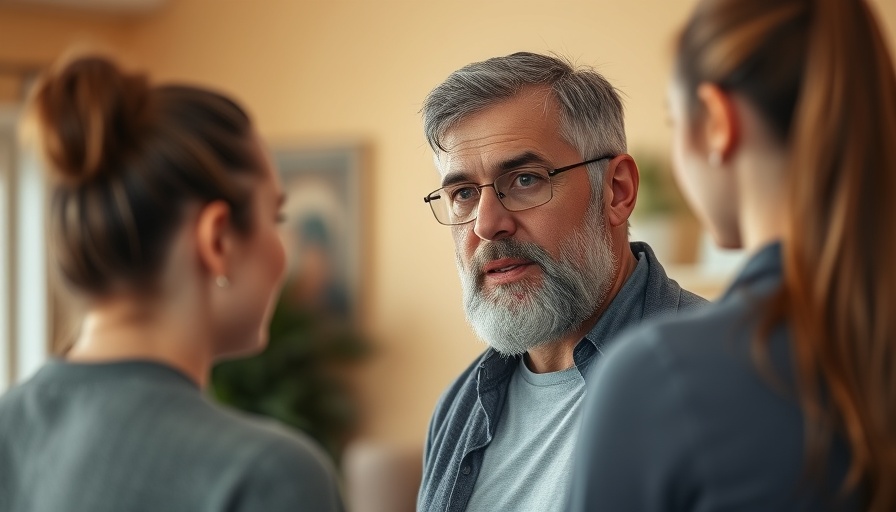 Middle-aged bearded man talking to a woman indoors, highlighting expression.