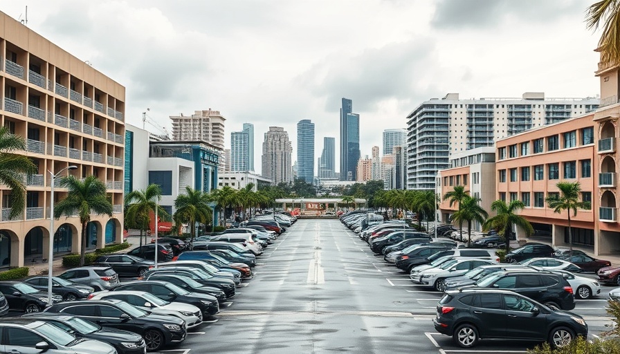 Urban parking lot under cloudy Miami sky with mixed architecture.