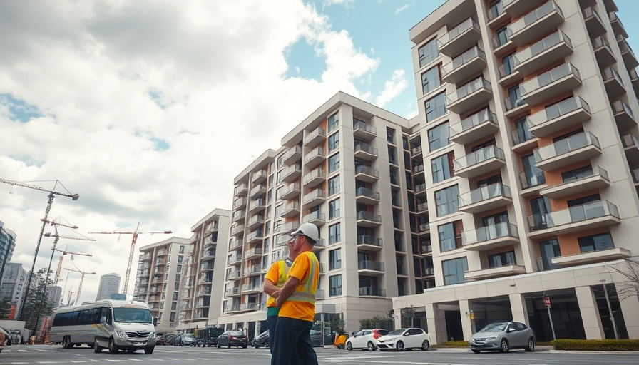 Modern mid-rise building in San Francisco, people inspecting area.