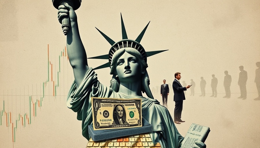 Artistic collage blending H-1B visa and economic themes, surreal style.