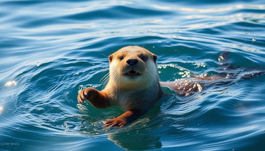 Playful otter floating on water in bright daylight.
