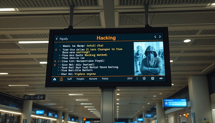 Hacked airport display showing cybersecurity breach message.