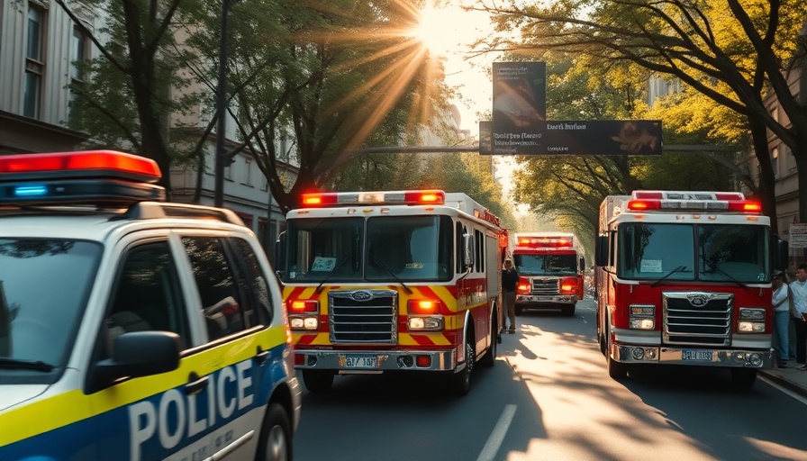 Emergency vehicles in Antioch during incident response, busy street.