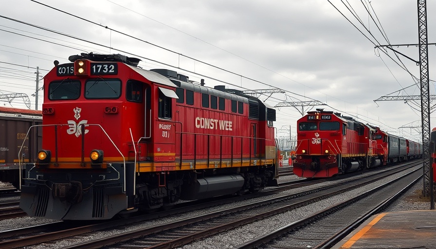 CPKC lowers financial forecast with Canadian Pacific trains in a rail yard.