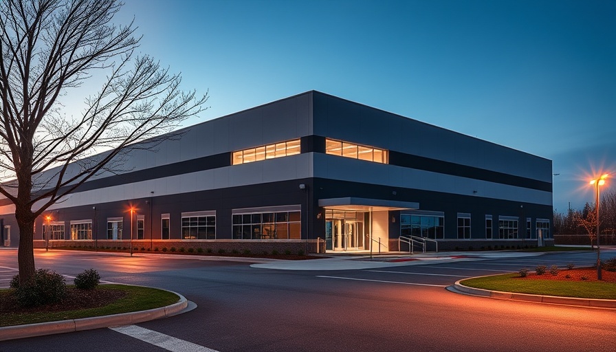 Modern Hayward biomanufacturing facility at dusk, vibrant lighting