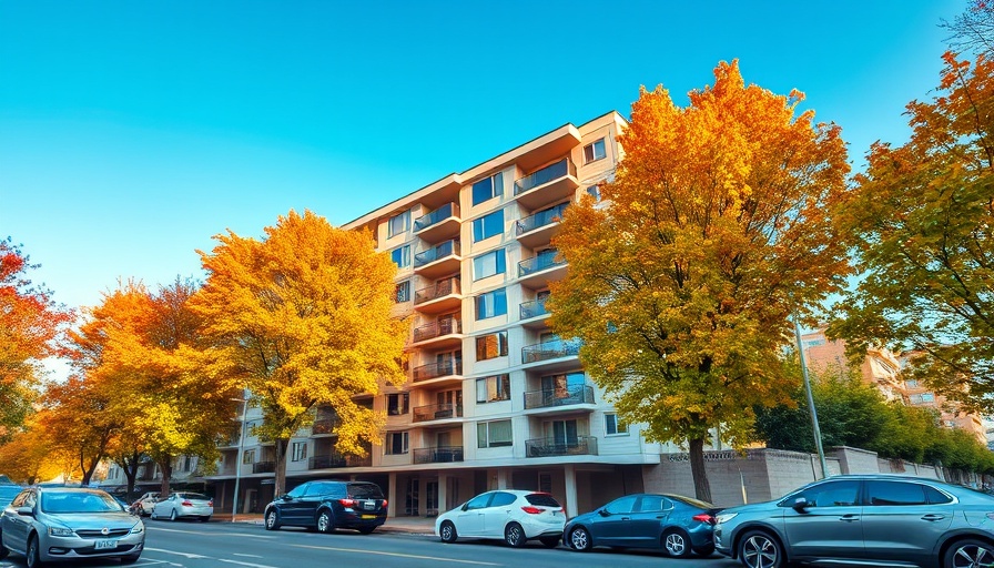 Affordable housing in Oakland with autumn trees and parked cars.