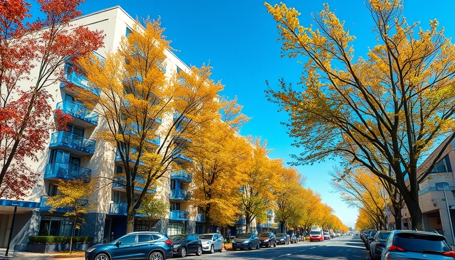 Oakland Affordable Housing complex with trees under blue sky.