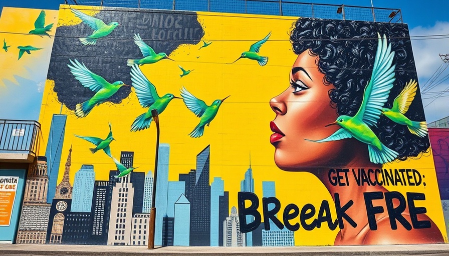 Bay Area News mural urging vaccination with dynamic cityscape and birds.