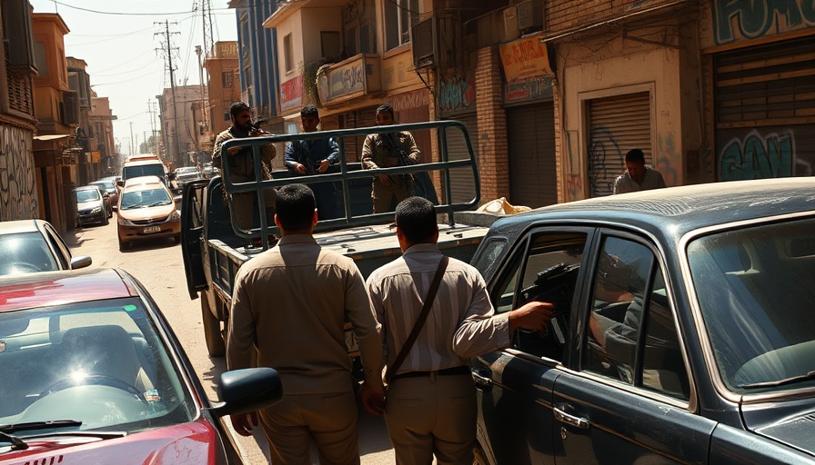Middle Eastern street scene with people, vehicles, and graffiti during Druse community disarmament in Syria.