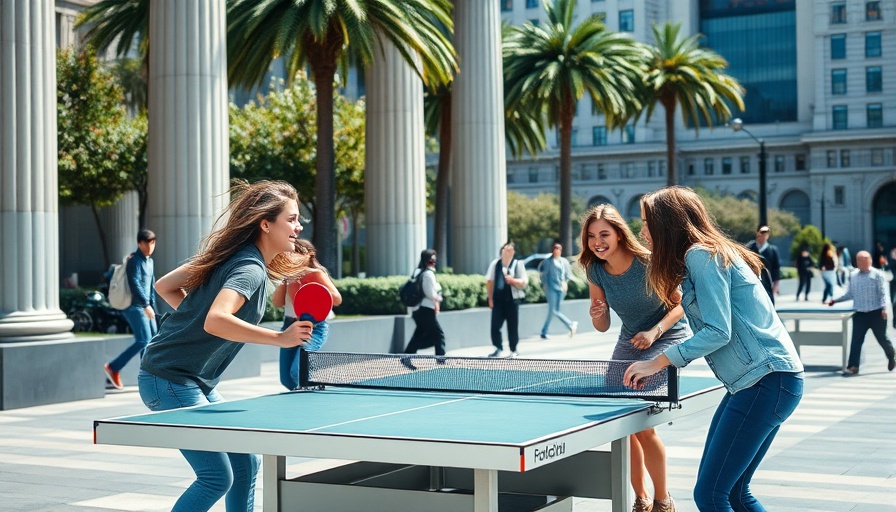 Urban scene with people playing table tennis at U.N. Plaza, San Francisco.