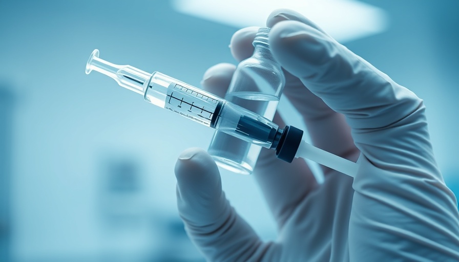 Close-up of syringe and vial held by gloved hand, clinical setting.