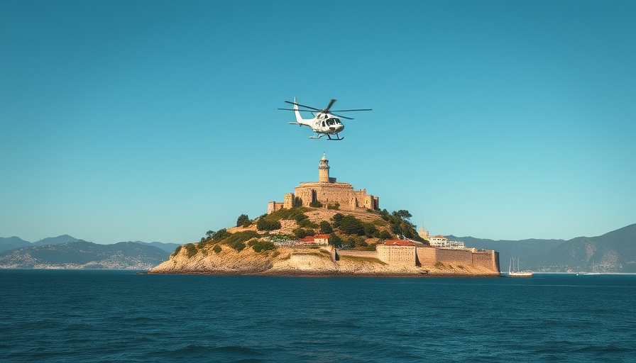 Distant view of Alcatraz Island under clear sky, historical prison.