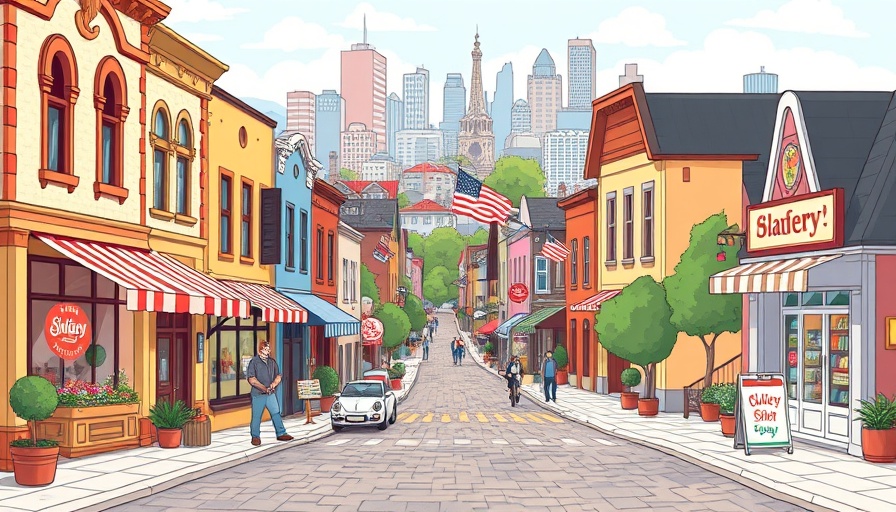 Charming small town street with small businesses, cartoon style.