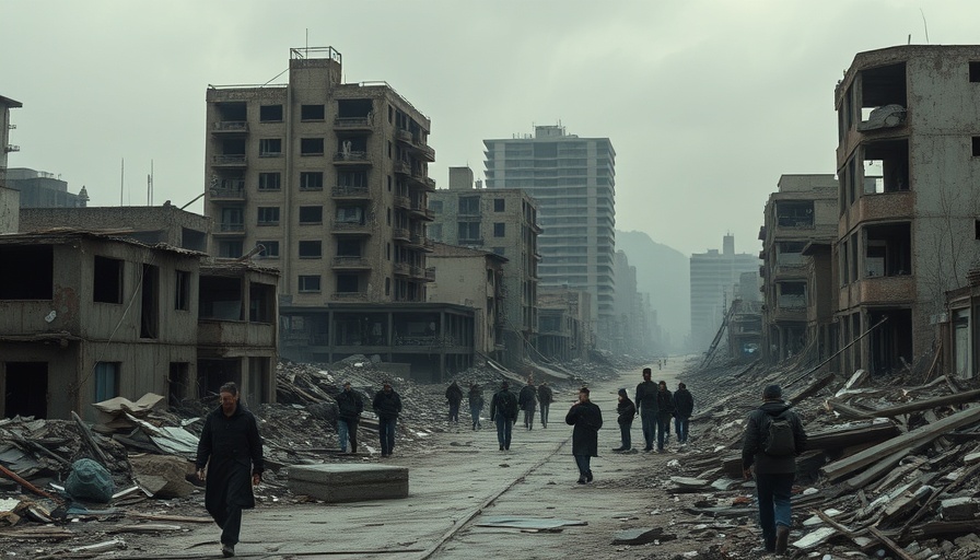 Intensive Escalation in Gaza: war-torn street with ruins and people walking.