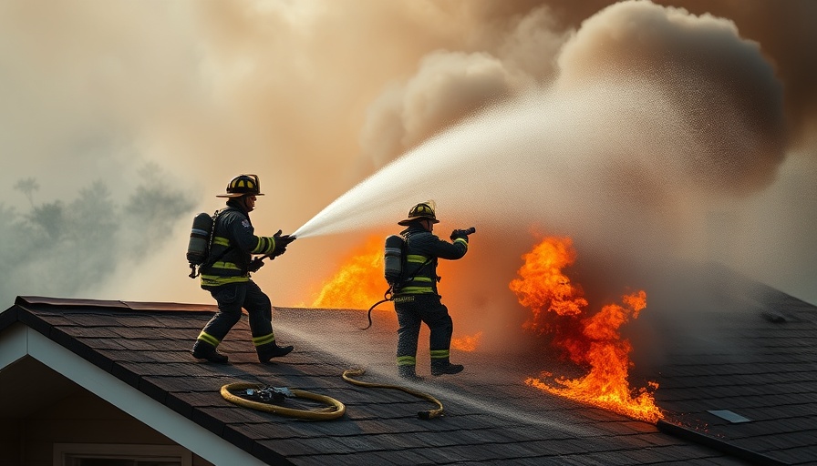 Firefighters in action amid smoke on Oakland rooftop fire scene.
