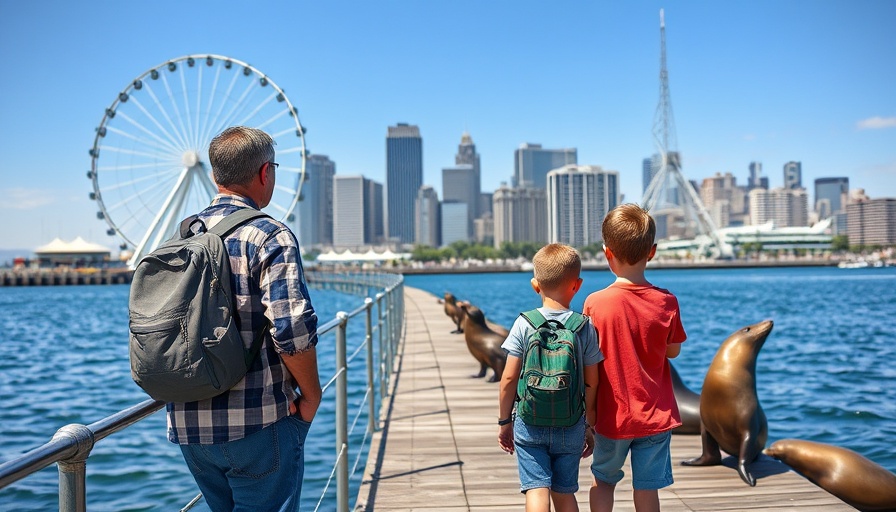 Family visits California pier with sea lions and ferris wheel.