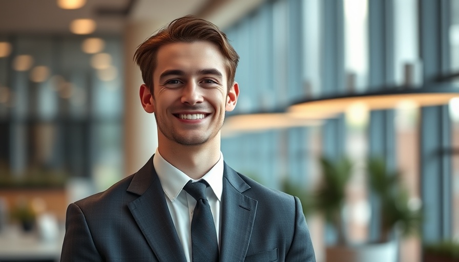 Confident young man in suit indoors, Christian Garrett tech connector.
