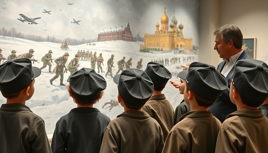 Children learning about historical murals depicting Russian warfare, Resisting State-Sponsored Education Russia.