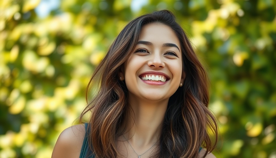 Smiling young woman outdoors with blurred green background.