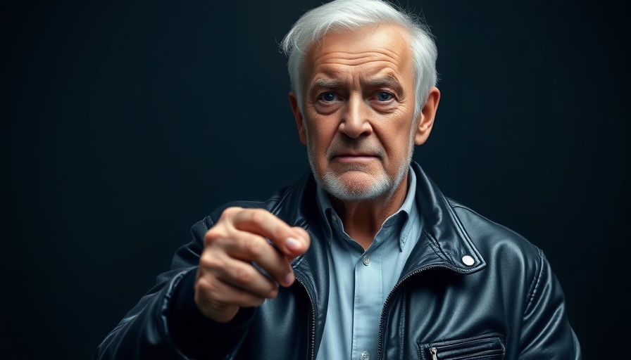 Determined elderly man in shiny jacket holding a clicker against dark background.