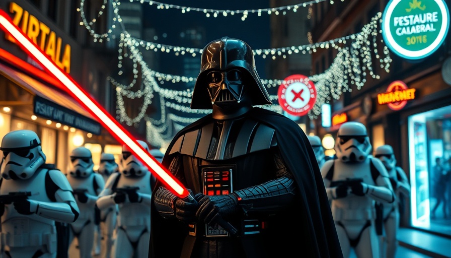 Darth Vader leading stormtroopers in urban setting - Darth Vader workplace incident.
