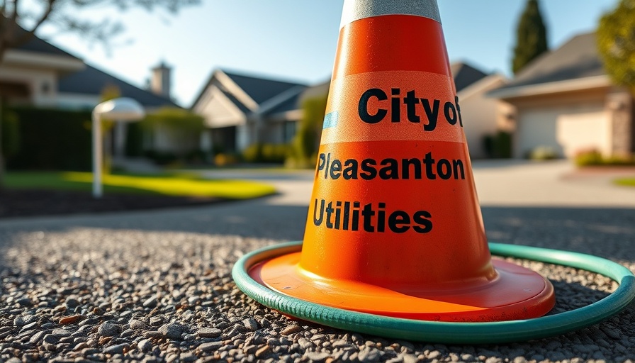 Pleasanton Water Crisis scene with utility cone and hose.