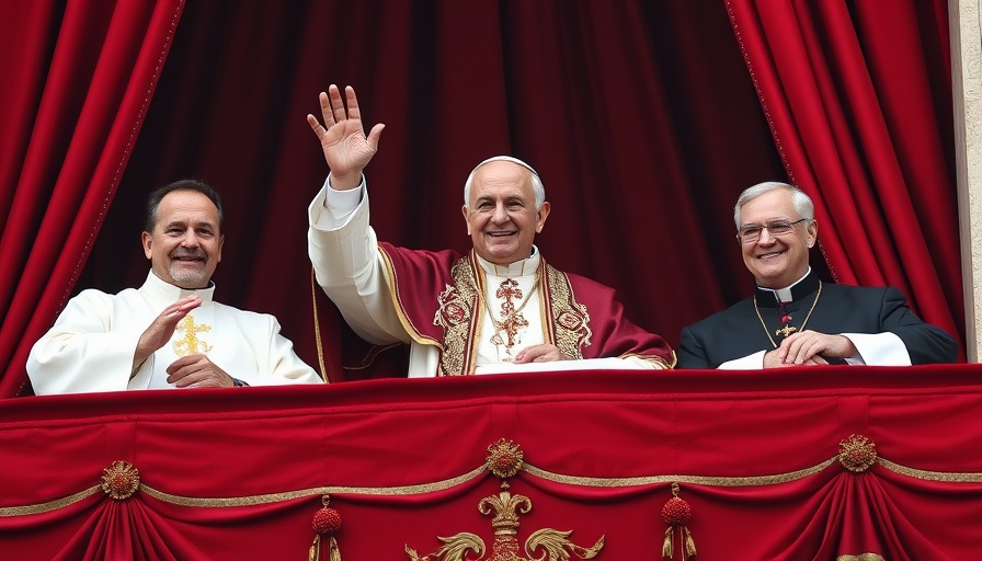 Pope Leo XIV Robert Francis Prevost replica in rich red background, waving.