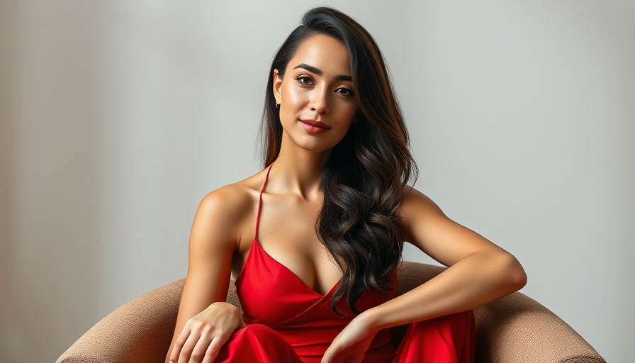 Confident woman in red dress sitting, professional portrait with soft lighting.