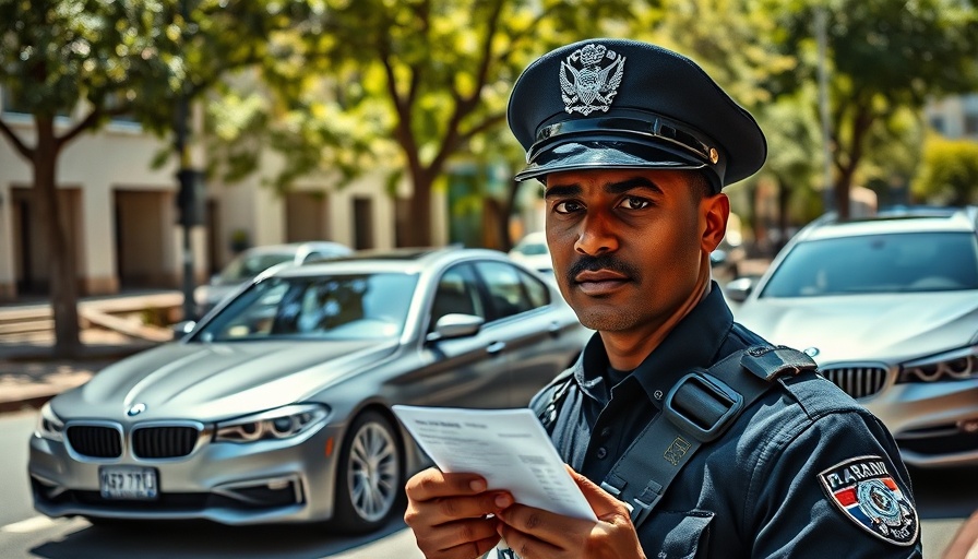 Traffic officer issues a ticket to silver BMW on city street, SFMTA trial.