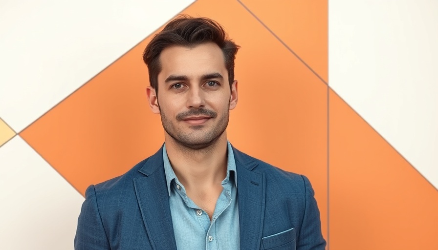 Casually dressed man posing calmly against a geometric warm background for San Francisco News.