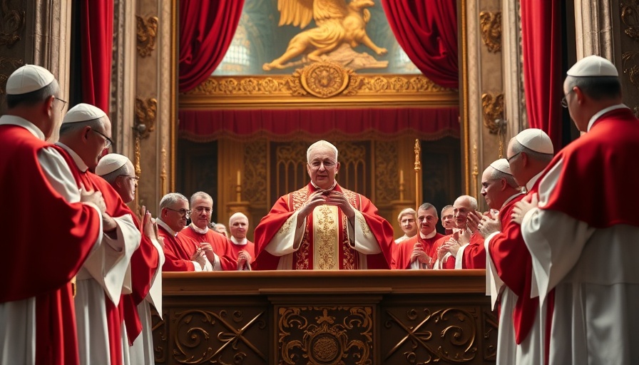 Pope Leo XIV giving a benediction at the Catholic Church, surrounded by clergy.