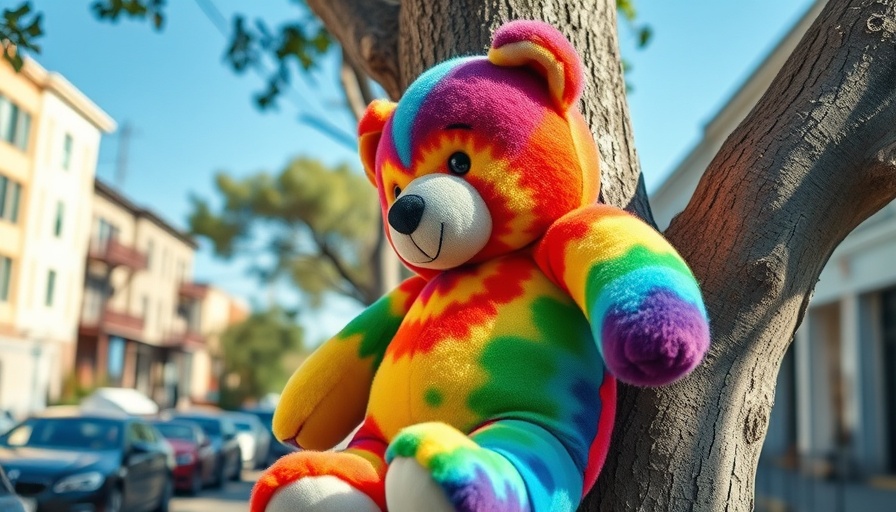 Colorful bear on tree in San Francisco street, sunny day, local news.