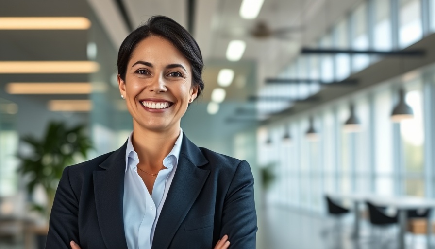 Confident working mom in a modern workplace environment.