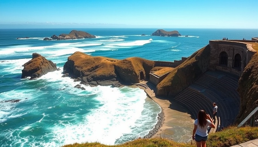 Sutro Baths ruins by ocean with visitors exploring.
