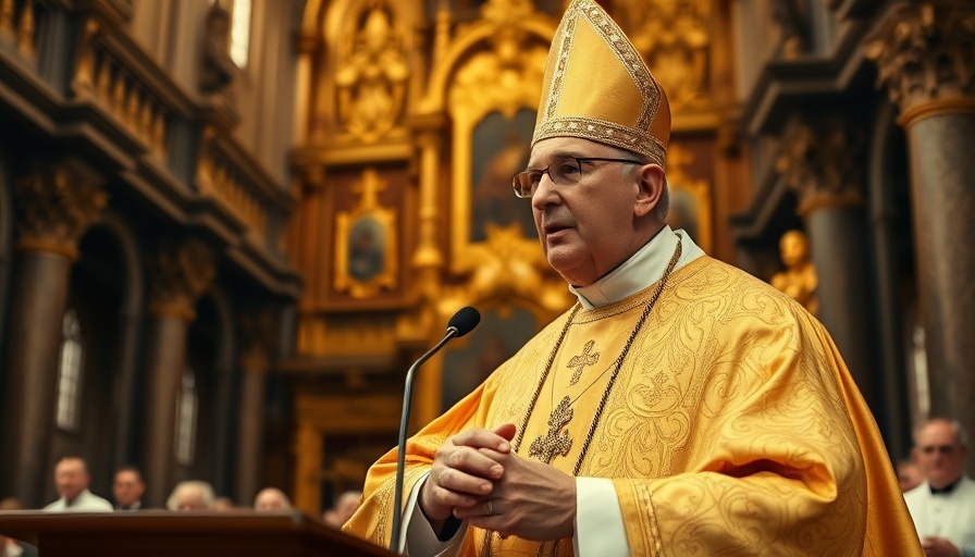 Cardinal in vestment giving speech during election ceremony.
