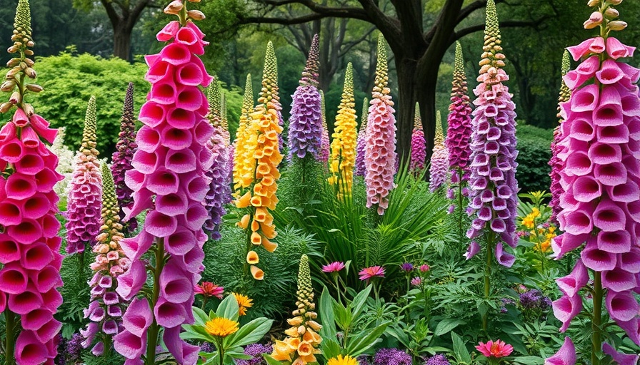 Vibrant foxglove flowers in lush garden with dense greenery.