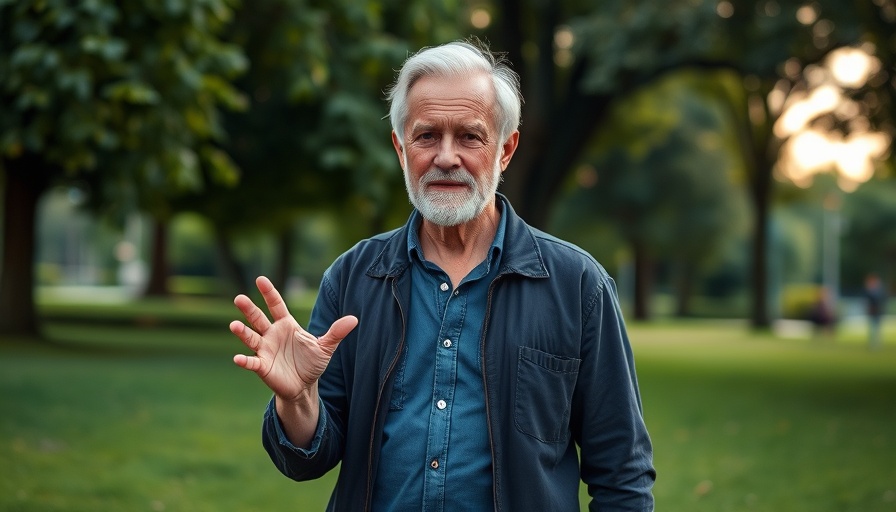 Older Caucasian man in a park discussing policy.