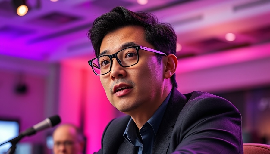 Tech professional discussing AI startups at a conference.